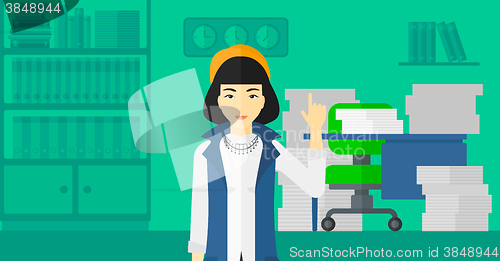 Image of Business woman pointing up with her forefinger.