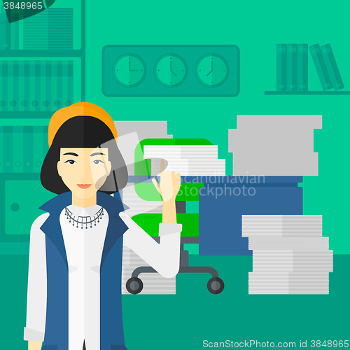 Image of Business woman pointing up with her forefinger.