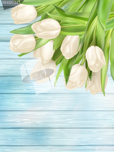 Image of Fresh white tulips on wood planks. EPS 10