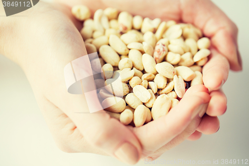 Image of close up of woman hands holding peeled peanuts