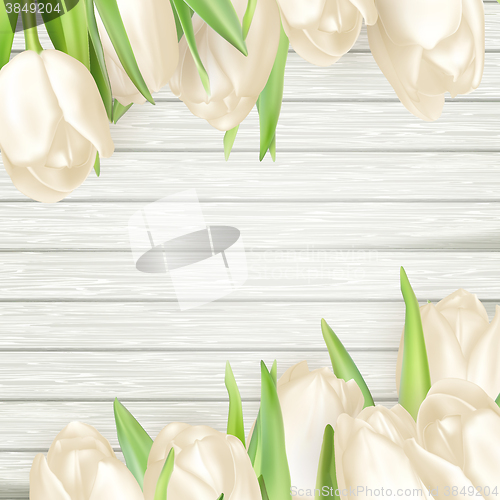 Image of Fresh white tulips on wood planks. EPS 10