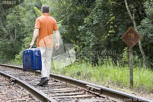 Image of Man with suitcase on railway
