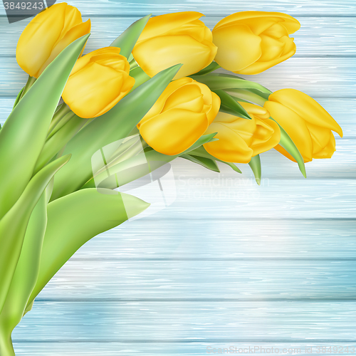 Image of Yellow tulips flowers on wooden planks. EPS 10