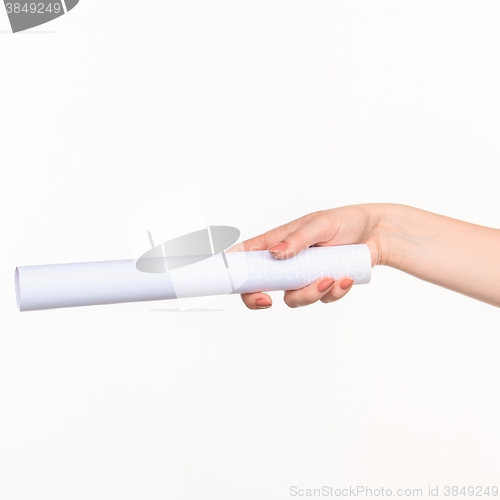 Image of The cylinder female hands on white background