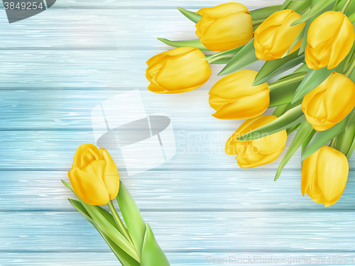 Image of Yellow tulips flowers on wooden planks. EPS 10