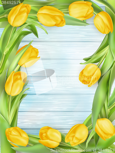 Image of Yellow tulips flowers on wooden planks. EPS 10