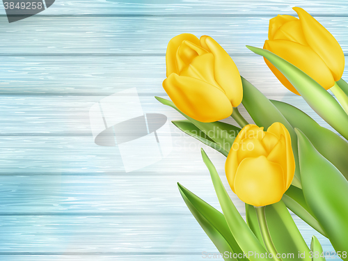 Image of Yellow tulips flowers on wooden planks. EPS 10