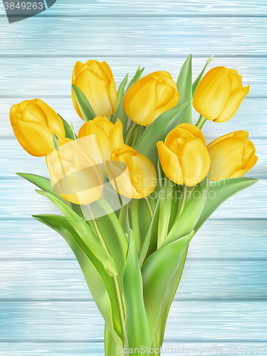 Image of Yellow tulips flowers on wooden planks. EPS 10