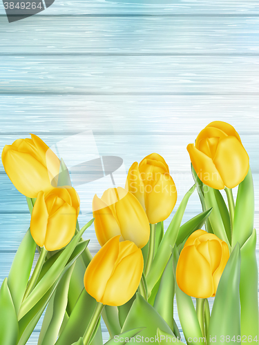 Image of Yellow tulips flowers on wooden planks. EPS 10
