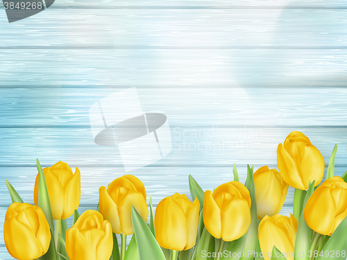 Image of Yellow tulips flowers on wooden planks. EPS 10