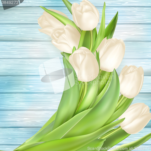Image of Fresh white tulips on wood planks. EPS 10