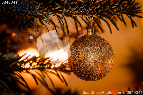 Image of Golden Christmas ball hanging on the tree
