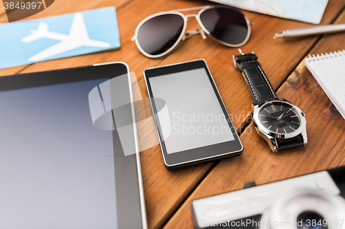 Image of close up of smartphone and travel stuff