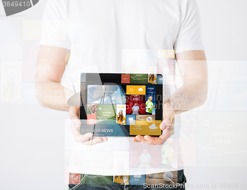 Image of close up of man with tablet pc and web pages