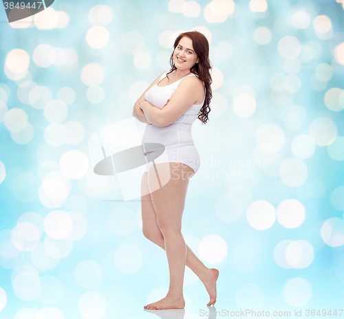 Image of happy plus size woman in underwear