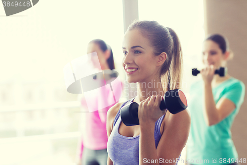 Image of group of happy women with dumbbells in gym