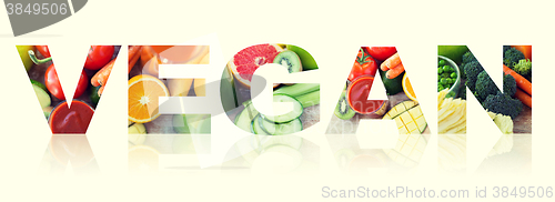 Image of vegan word of fruits and vegetables background