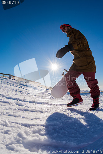 Image of Snowboarder walking against blue sky