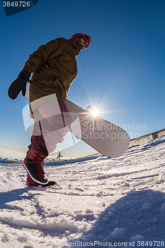 Image of Snowboarder walking against blue sky