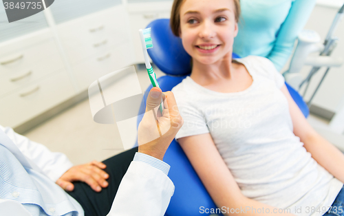 Image of close up of dentist hand with toothbrush and girl