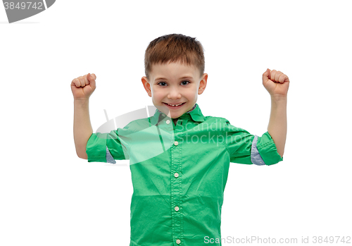 Image of happy smiling little boy with raised hand