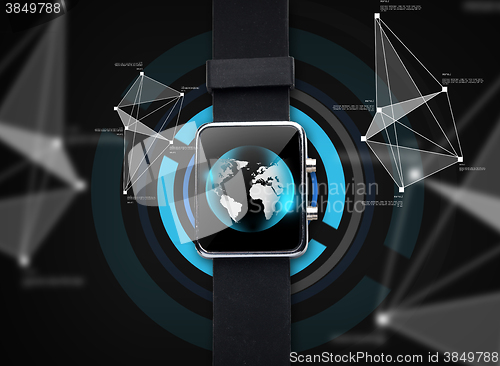 Image of close up of black smart watch with world globe