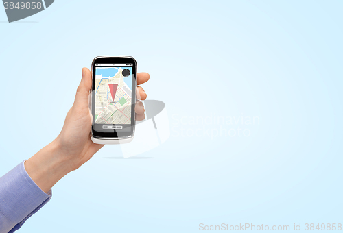 Image of close up of hand with smartphone gps navigator map