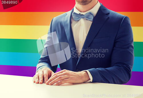 Image of close up of man in suit and bow-tie at table