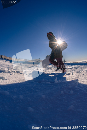 Image of Snowboarder walking against blue sky