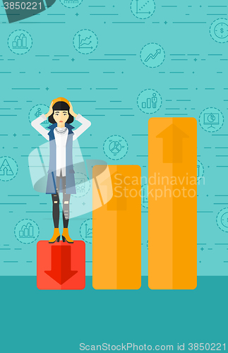 Image of Business woman standing on low graph.