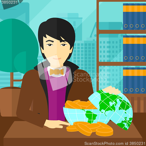 Image of Man with globe full of money.