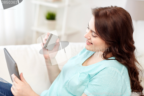 Image of plus size woman with tablet pc and credit card