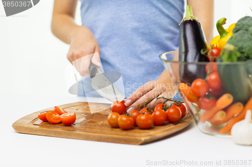 Image of close up of woman chopping tomatoes with knife