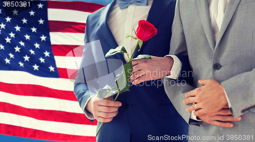 Image of close up of happy male gay couple holding hands