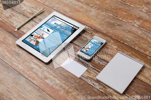 Image of close up of notebook, tablet pc and smartphone