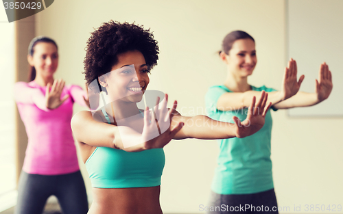 Image of group of smiling people dancing in gym or studio