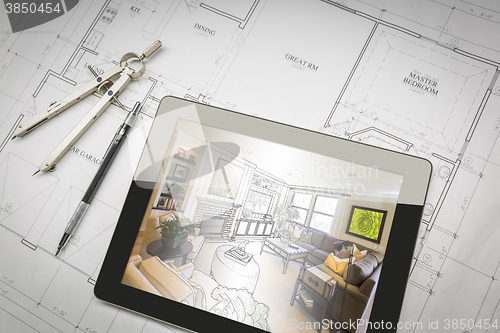 Image of Computer Tablet Showing Room Illustration On House Plans, Pencil