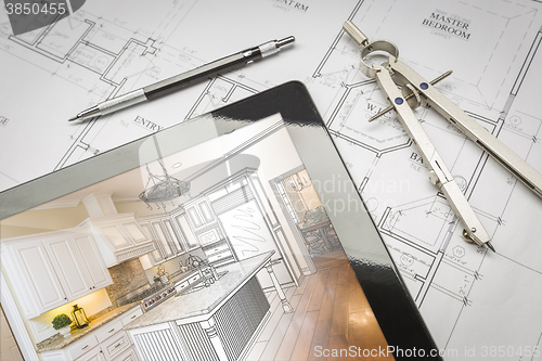 Image of Computer Tablet Showing Kitchen Illustration On House Plans, Pen