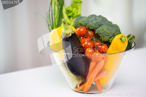 Image of close up of ripe vegetables in glass bowl on table