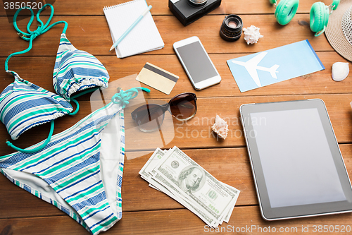 Image of close up of tablet pc and travel stuff