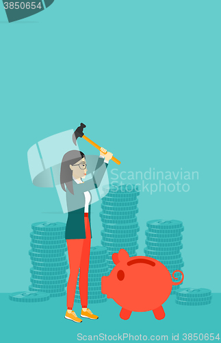 Image of Woman breaking piggy bank.