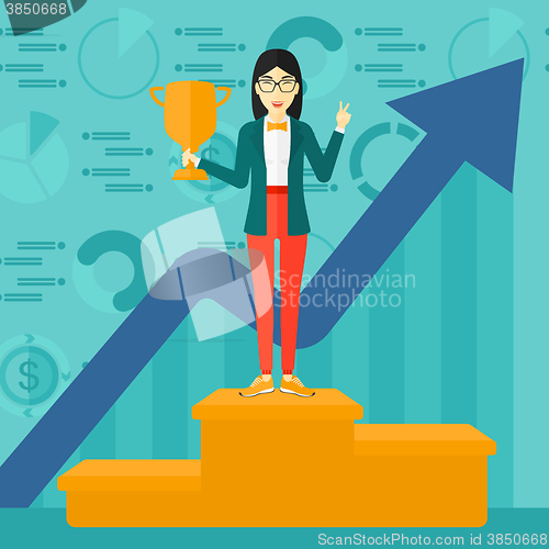 Image of Cheerful woman on pedestal.