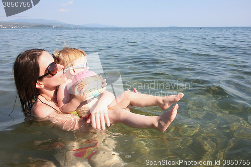 Image of Mother and daughter playing in the sea