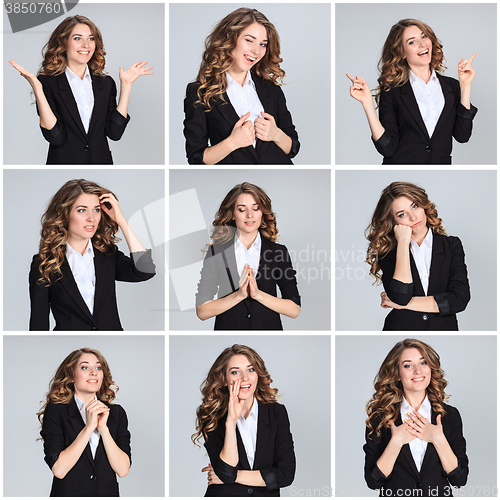 Image of The  collage of young woman\'s portraites with happy emotions