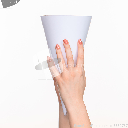 Image of The cone in female hands on white background