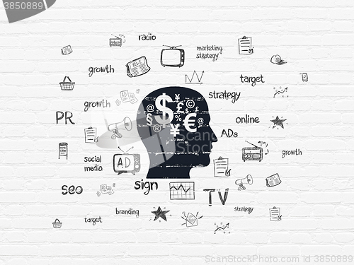 Image of Advertising concept: Head With Finance Symbol on wall background