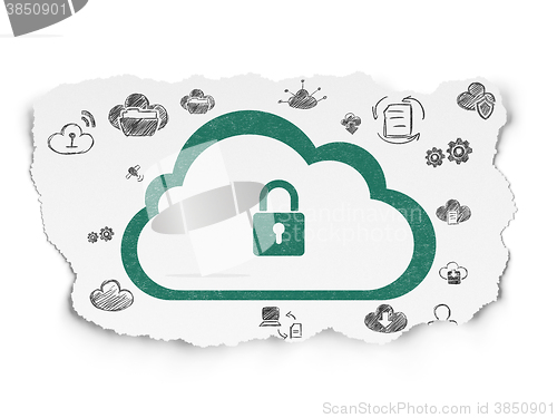 Image of Cloud computing concept: Cloud With Padlock on Torn Paper background