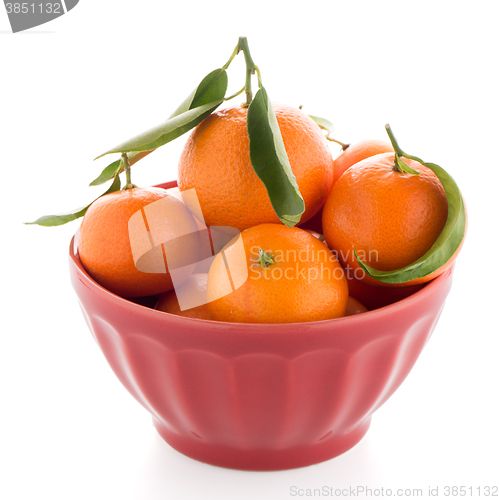 Image of Tangerines on ceramic red bowl 