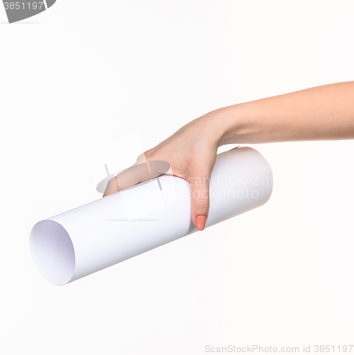 Image of The cylinder female hands on white background