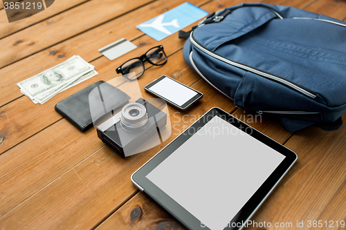 Image of close up of smartphone and travel stuff